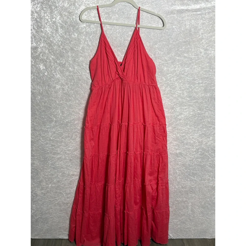 OVS Coral Red Cotton Tiered Maxi Dress Boho Sundress Vacation Smocked Back L/XL